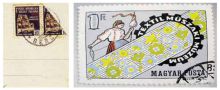 A sinistra, una lettera del 1944 con un francobollo «frazionato» della Repubblica Sociale: una rarità molto ricercata fra i filatelici. A destra, uno dei francobolli che fa parte della raccolta «Arte tessile» del Gruppo filatelico Valgandino: nel 1990 hanno corredato un calendario stampato con il sostegno della Somet