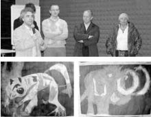 La presentazione della mostra con Filippo Servalli, responsabile marketing di Radici Group (a sinistra) e Luciana Previtali Radici (sulla destra); due disegni esposti.